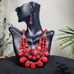 Statement Necklace and earings set, red stones